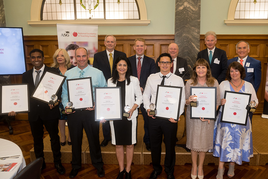 NEitA NZ 2018 New Zealand Minister of Education Hon. Chris Hipkins with recipients of the 2018 ASG National Excellence in Teaching Awards along with ASG executives on 22 February 2019 in New Zealand.